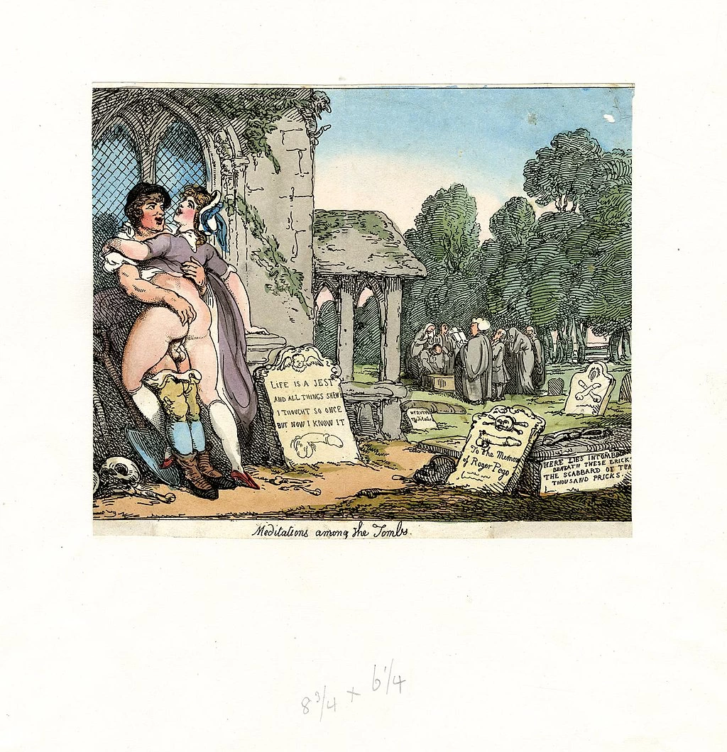 Thomas Rowlandson-160-Un becchino e una giovane donna fanno l'amore contro il muro di una chiesa